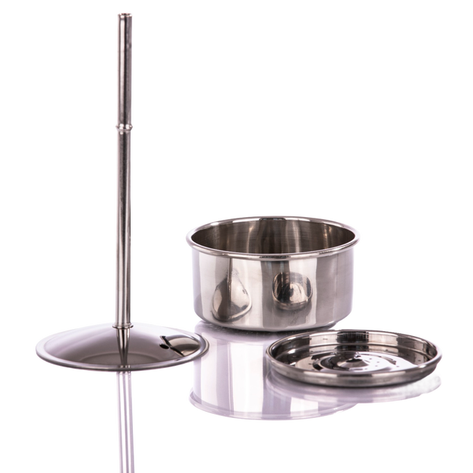 Stainless steel components of a percolator including a filter basket, lid with stem, and a water reservoir, suited for Farm, Garden & Tool, Kitchen & Food, Camping, Brewing Coffee and Tea, Best Sellers, and Promo Eligible collections.