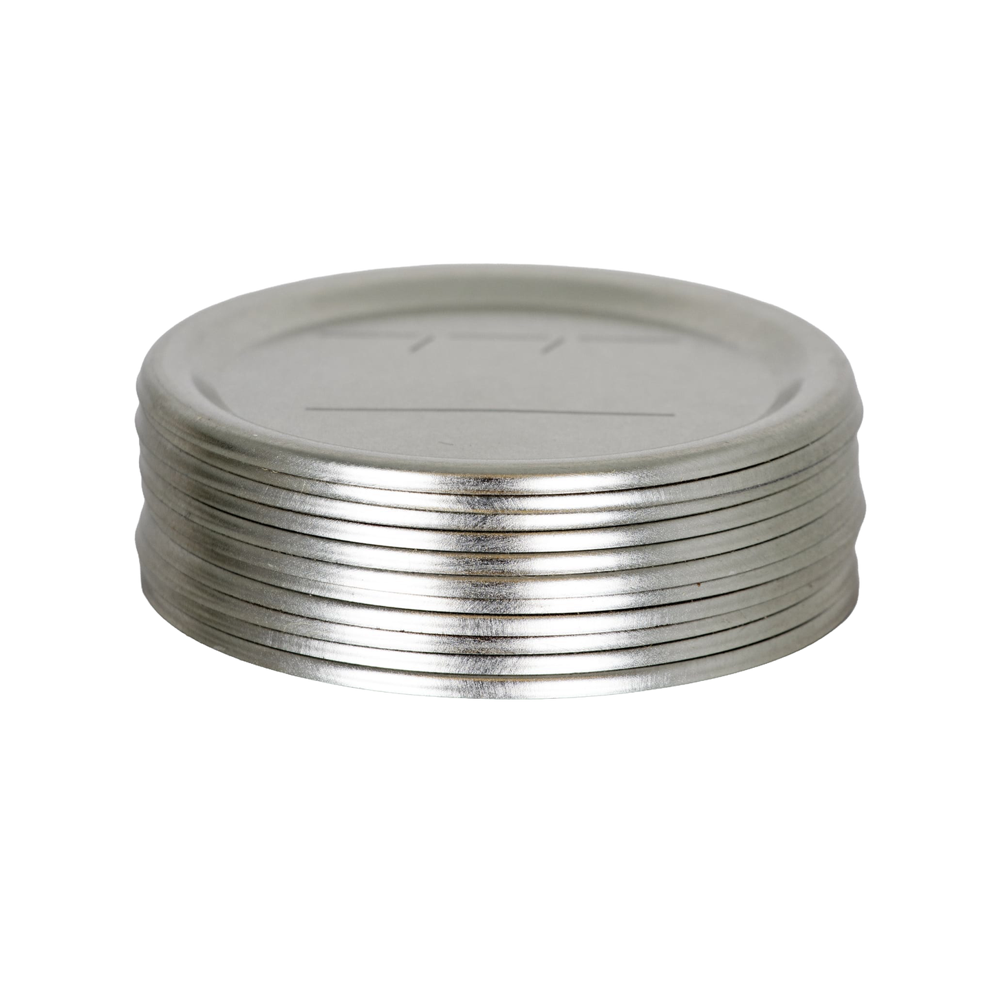 Stack of silver-toned metal regular-mouth jar lids featuring BPA-free sealing compound and subtle labeling lines, suited for Kitchen & Food, Food Preservation, and Canning collections.