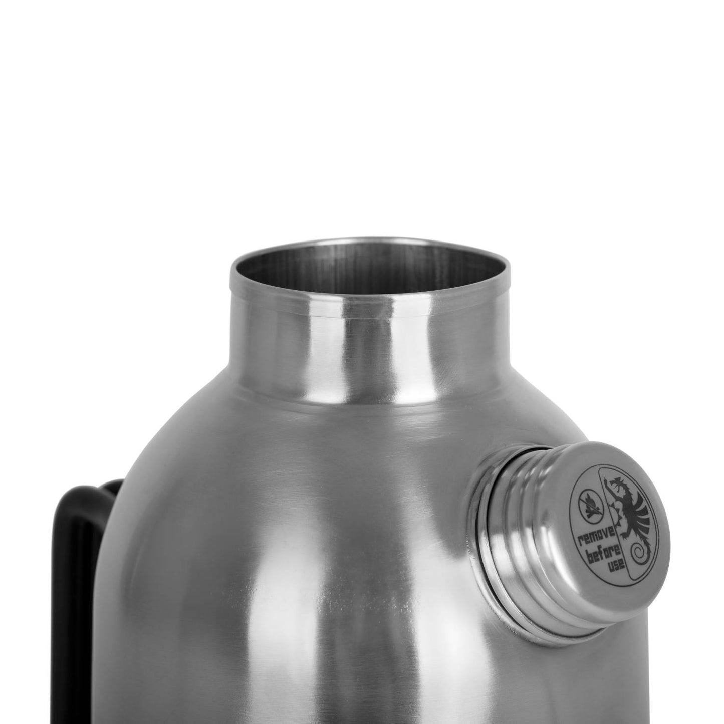 Close-up of a stainless steel fire kettle with screw-on spout cap and black handle, designed for efficient boiling in Camping, Farm, Garden & Tool, and Emergency Supplies collections.