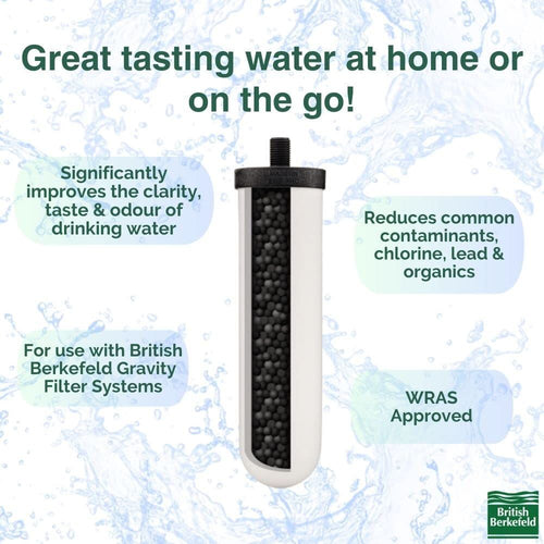 Handcrafted white ceramic water filter cartridge with black threaded top and granular activated carbon core, designed for British Berkefeld gravity systems, featured in Farm, Garden & Tool and Emergency Supplies collections.