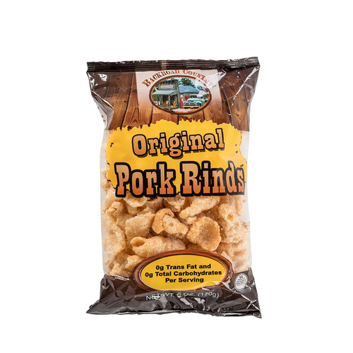 Handcrafted original pork rinds in a 6-ounce bag, made in USA, featuring zero trans fat and carbs per serving, ideal for Kitchen & Food, Snacks and Sweets, USA Made, Best Sellers, and Promo Eligible collections.
