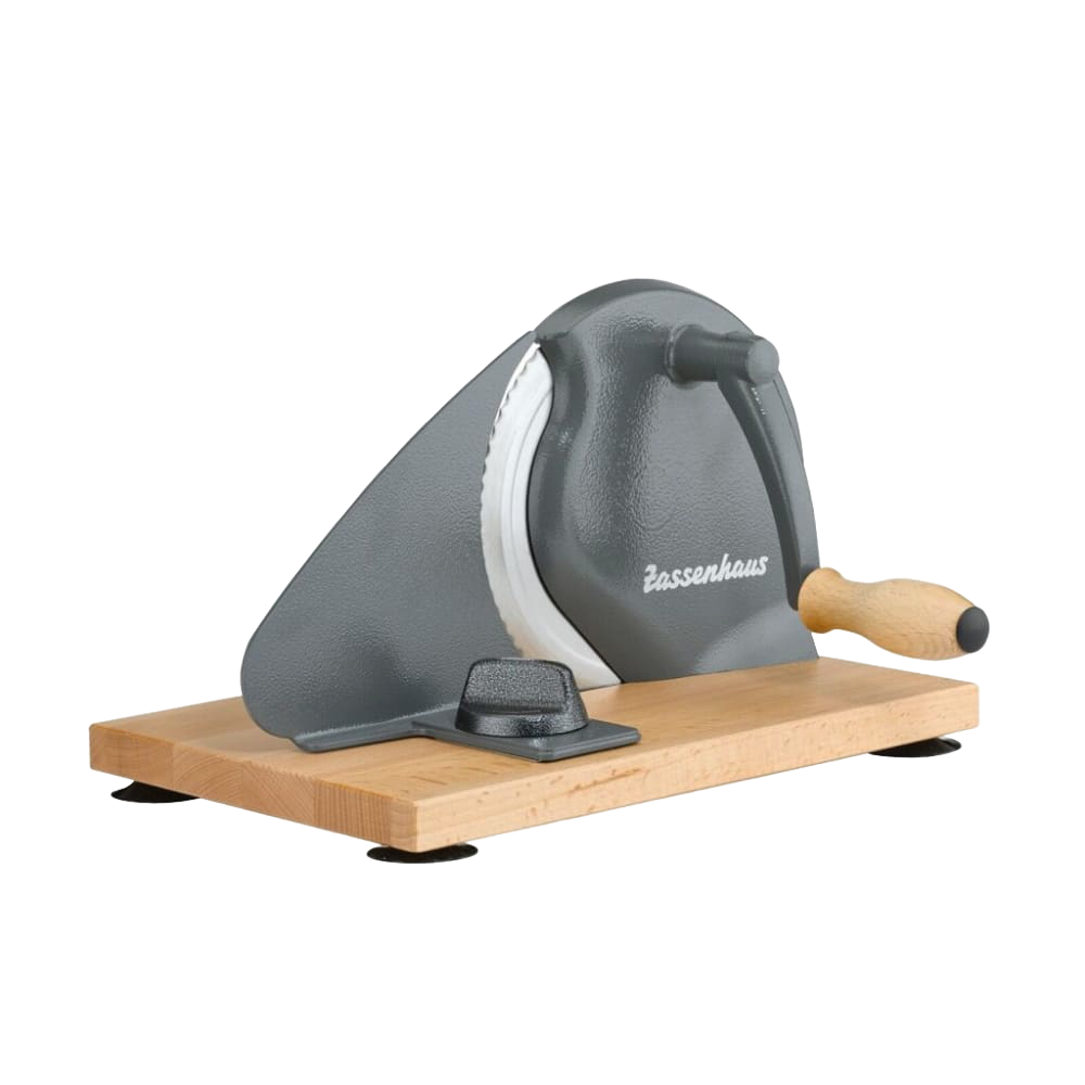 Manual bread slicer with a sharp stainless steel blade, easy wooden hand crank, and sturdy wooden base, perfect for Kitchen & Food, Choppers and Cutters, Bread Making Supplies collections.