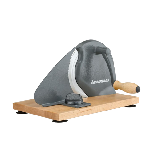Manual bread slicer with a sharp stainless steel blade, easy wooden hand crank, and sturdy wooden base, perfect for Kitchen & Food, Choppers and Cutters, Bread Making Supplies collections.
