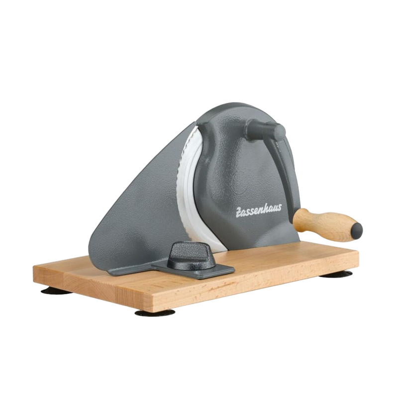Manual bread slicer with a sharp stainless steel blade, easy wooden hand crank, and sturdy wooden base, perfect for Kitchen & Food, Choppers and Cutters, Bread Making Supplies collections.