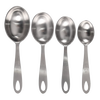 Set of four large stainless steel measuring scoops in 1/2, 1/3, 1/4, and 1/8 cup sizes with engraved markings and sturdy handles, ideal for Kitchen & Food, Baking Supplies, and Cooking Helpers collections.