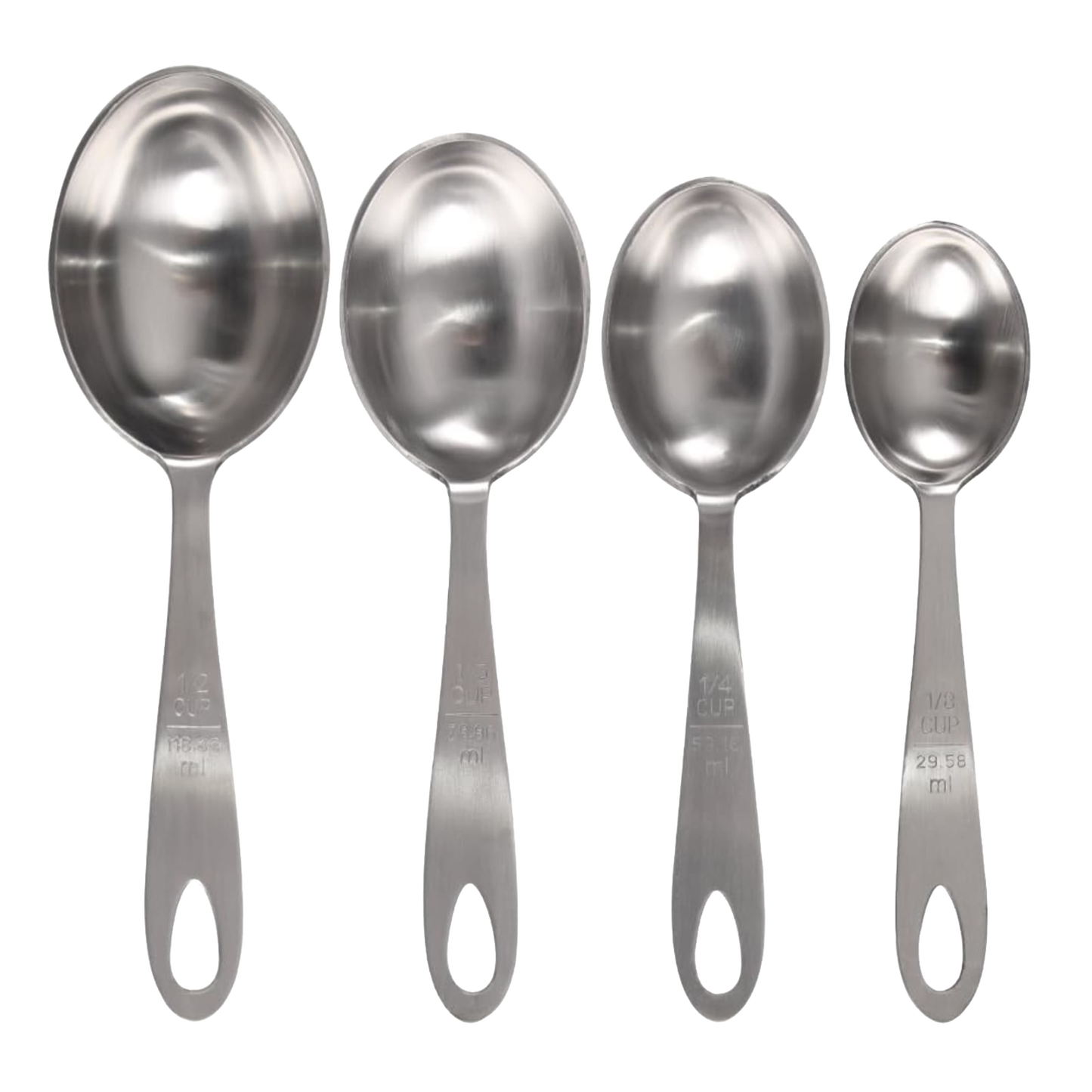 Set of four large stainless steel measuring scoops in 1/2, 1/3, 1/4, and 1/8 cup sizes with engraved markings and sturdy handles, ideal for Kitchen & Food, Baking Supplies, and Cooking Helpers collections.