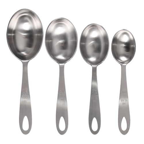 Set of four large stainless steel measuring scoops in 1/2, 1/3, 1/4, and 1/8 cup sizes with engraved markings and sturdy handles, ideal for Kitchen & Food, Baking Supplies, and Cooking Helpers collections.
