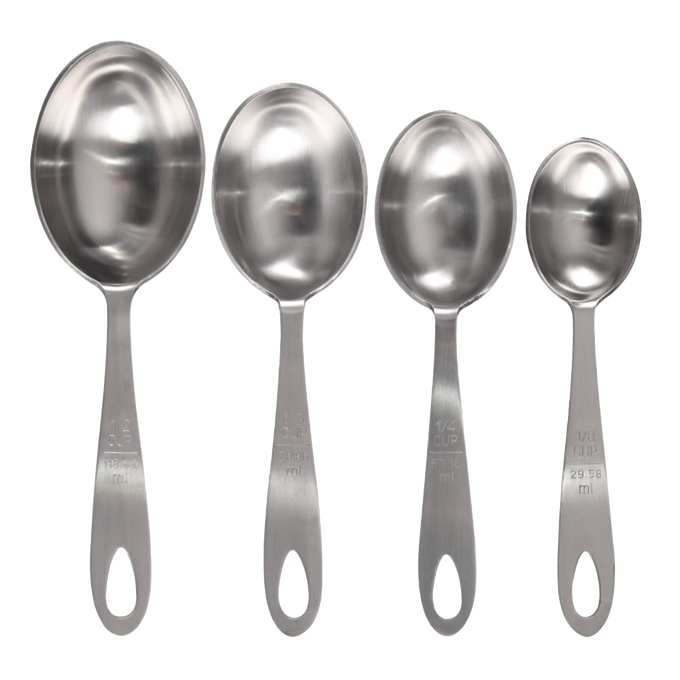 Set of four large stainless steel measuring scoops in 1/2, 1/3, 1/4, and 1/8 cup sizes with engraved markings and sturdy handles, ideal for Kitchen & Food, Baking Supplies, and Cooking Helpers collections.