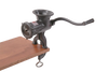 Heavy-duty black metal clamp-down meat grinder with a hand crank attached to a wooden surface, ideal for Kitchen & Food, Specialty Equipment, Butchering Supplies, USA Made, Best Sellers, and Promo Eligible collections.