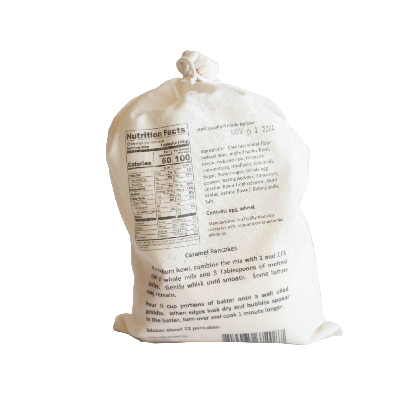 Natural-colored cloth bag of Lehman's handcrafted pancake mix with printed nutritional information and cooking instructions, ideal for Kitchen & Food, Pantry, Dry Goods and Mixes, Best Sellers, and Promo Eligible collections.