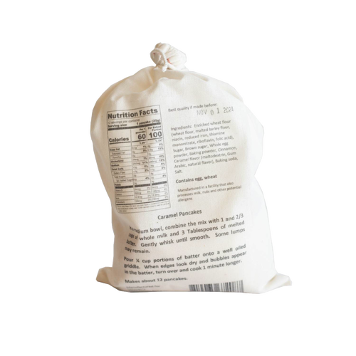 Natural-colored cloth bag of Lehman's handcrafted pancake mix with printed nutritional information and cooking instructions, ideal for Kitchen & Food, Pantry, Dry Goods and Mixes, Best Sellers, and Promo Eligible collections.