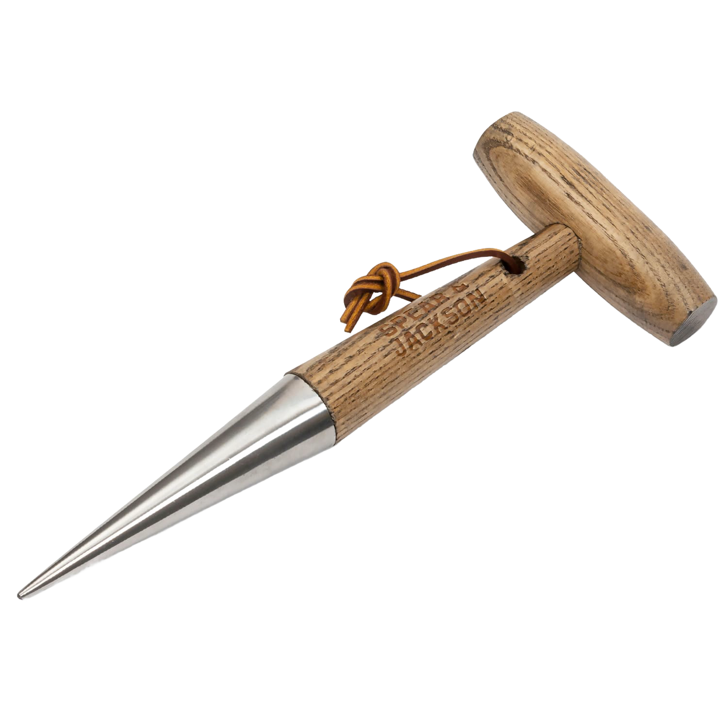 Hand tool featuring a mirror-polished stainless steel tapered head and smooth wooden handle, designed for making planting holes in soil, ideal for Farm, Garden & Tool and Seeds and Planting collections.