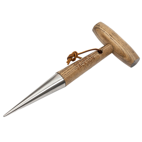 Hand tool featuring a mirror-polished stainless steel tapered head and smooth wooden handle, designed for making planting holes in soil, ideal for Farm, Garden & Tool and Seeds and Planting collections.