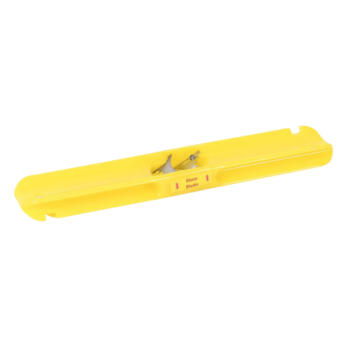 Yellow handheld corn cutter with sharp blades and notched guard, handcrafted by Amish craftsmen in the USA, suited for Kitchen & Food, Food Prep, Choppers and Cutters, and Best Sellers collections.