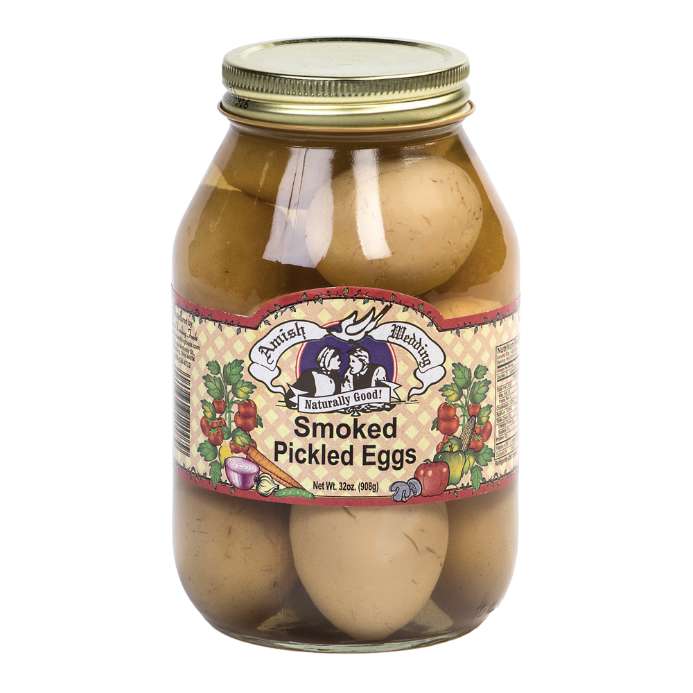 Glass jar of smoked pickled eggs in clear brine with vintage label and metal lid, handcrafted in USA, ideal for Kitchen & Food, Pantry, USA Made, Best Sellers, and Promo Eligible collections.