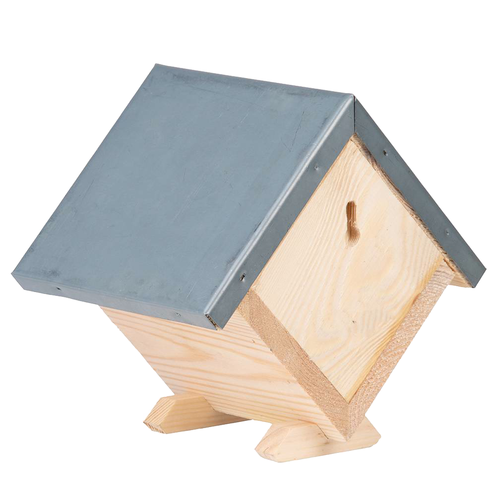 Square handcrafted pine wood bee house featuring a zinc roof and paper nesting materials, designed to support beneficial bees, ideal for Farm, Garden & Tool and Garden Accessories collections.