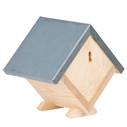 Square handcrafted pine wood bee house featuring a zinc roof and paper nesting materials, designed to support beneficial bees, ideal for Farm, Garden & Tool and Garden Accessories collections.
