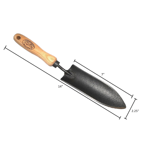 Handcrafted forged transplant trowel with a narrow black blade and smooth wooden handle featuring a maker’s mark, perfect for precise planting in Farm, Garden & Tool and Digging and Cultivating collections.