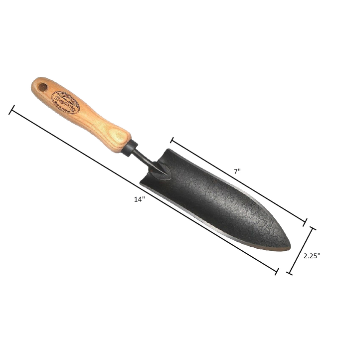 Handcrafted forged transplant trowel with a narrow black blade and smooth wooden handle featuring a maker’s mark, perfect for precise planting in Farm, Garden & Tool and Digging and Cultivating collections.