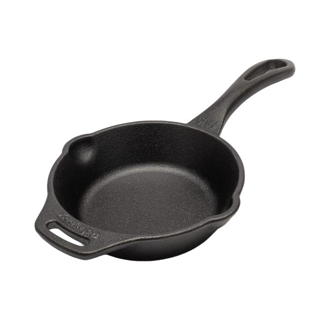 Heavy-duty cast iron skillet with a long handle and helper grip, ideal for camping, kitchen, and outdoor cooking, featured in Farm, Garden & Tool and Cast Iron cookware collections.