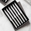 Set of six handcrafted utility steak knives with straight-edge blades and sleek metal handles, ideal for kitchen and food prep, featured in USA Made and Best Sellers collections.