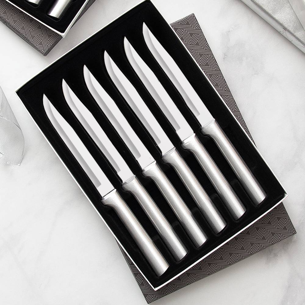 Set of six handcrafted utility steak knives with straight-edge blades and sleek metal handles, ideal for kitchen and food prep, featured in USA Made and Best Sellers collections.