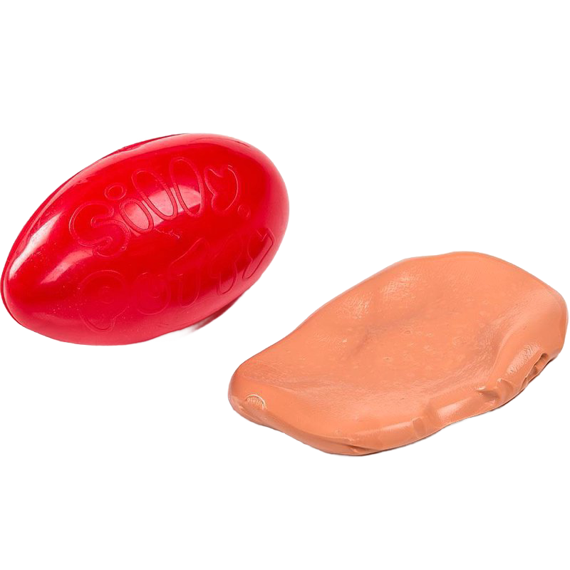 Handcrafted Silly Putty compound stretched beside its bright red travel case, designed for indoor play and children's toys, featured in USA Made and best sellers collections.