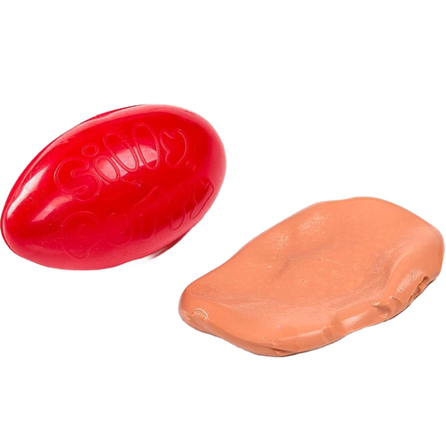 Handcrafted Silly Putty compound stretched beside its bright red travel case, designed for indoor play and children's toys, featured in USA Made and best sellers collections.