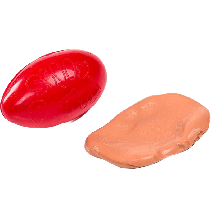 Handcrafted Silly Putty compound stretched beside its bright red travel case, designed for indoor play and children's toys, featured in USA Made and best sellers collections.