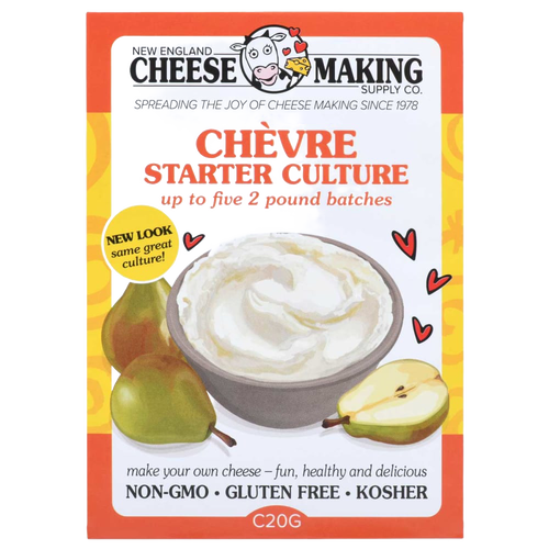Package of chèvre starter culture with cheerful design showing a bowl of creamy goat cheese and fresh pears, ideal for Kitchen & Food, Specialty Equipment, DIY Cheese and Yogurt, Best Sellers, and Promo Eligible collections.