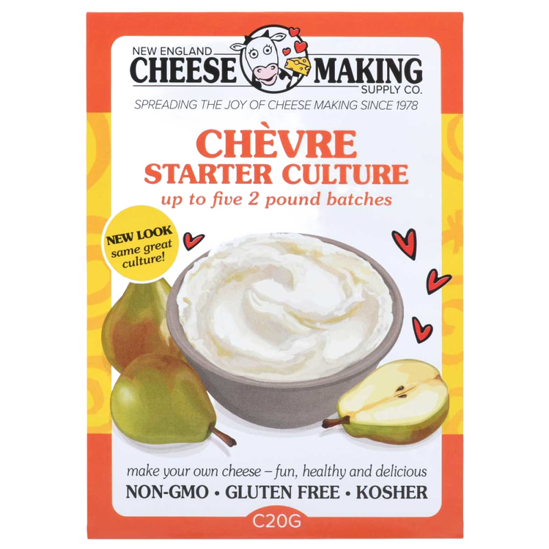 Package of chèvre starter culture with cheerful design showing a bowl of creamy goat cheese and fresh pears, ideal for Kitchen & Food, Specialty Equipment, DIY Cheese and Yogurt, Best Sellers, and Promo Eligible collections.
