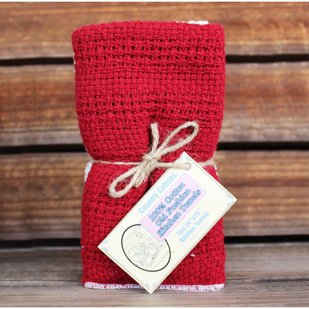 Pair of loosely woven cotton kitchen towels in vibrant red, tied with rustic twine and vintage-style label, featured in Kitchen & Food, Kitchen Textiles, USA Made, Best Sellers, Promo Eligible collections.