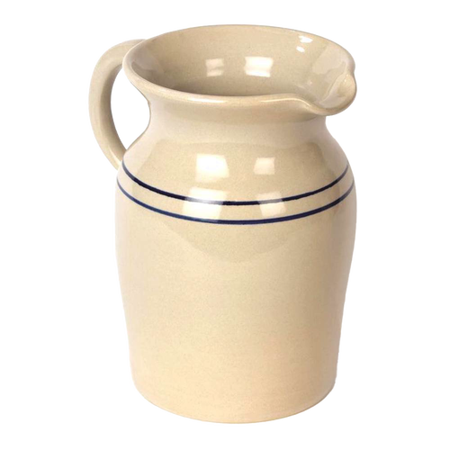 Handcrafted stoneware pitcher in cream with two simple blue stripes, lead-free and made in USA, perfect for serving drinks or as a decorative piece in Kitchen & Food and Dinnerware collections.