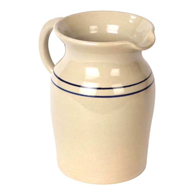 Handcrafted stoneware pitcher in cream with two simple blue stripes, lead-free and made in USA, perfect for serving drinks or as a decorative piece in Kitchen & Food and Dinnerware collections.