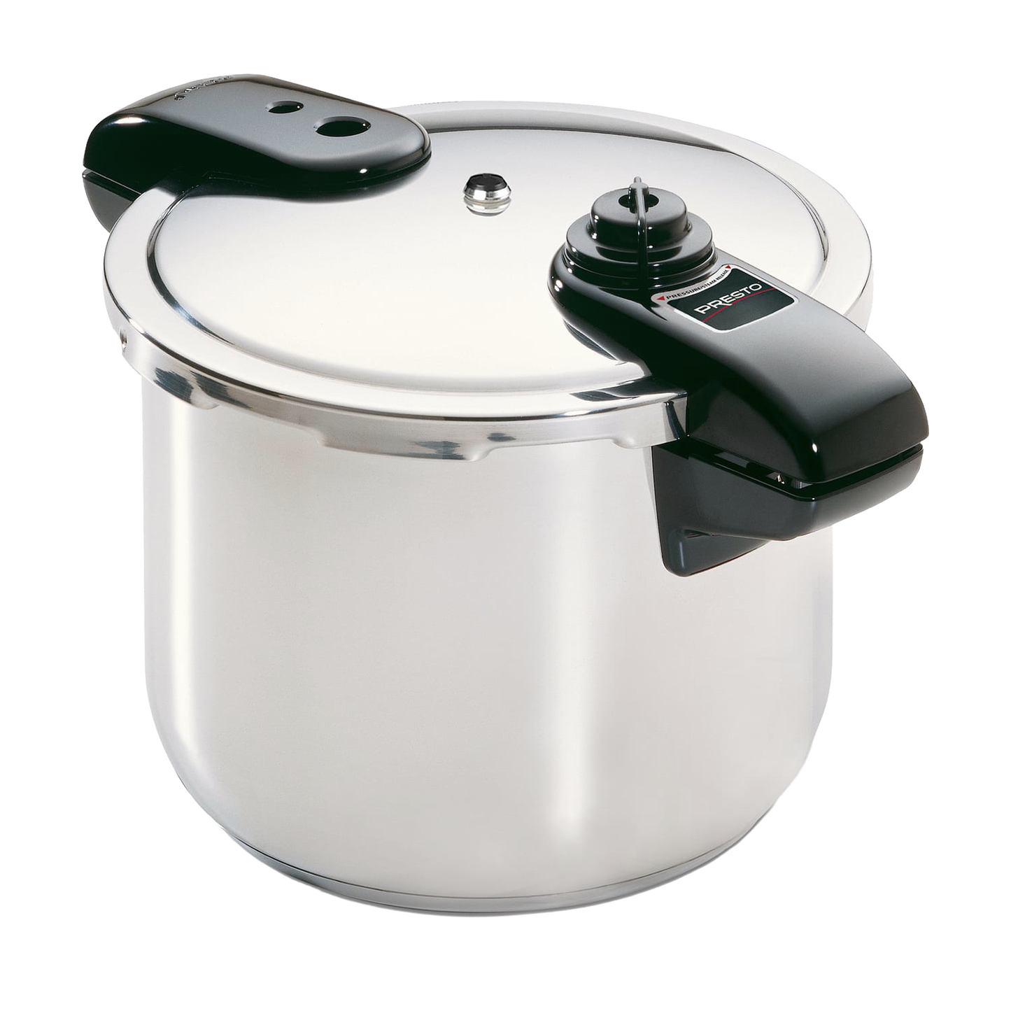 Polished stainless steel pressure cooker with a secure black handle and a tri-clad base, handcrafted for Kitchen & Food, Cookware, Pots and Pans, Best Sellers, and Promo Eligible collections.