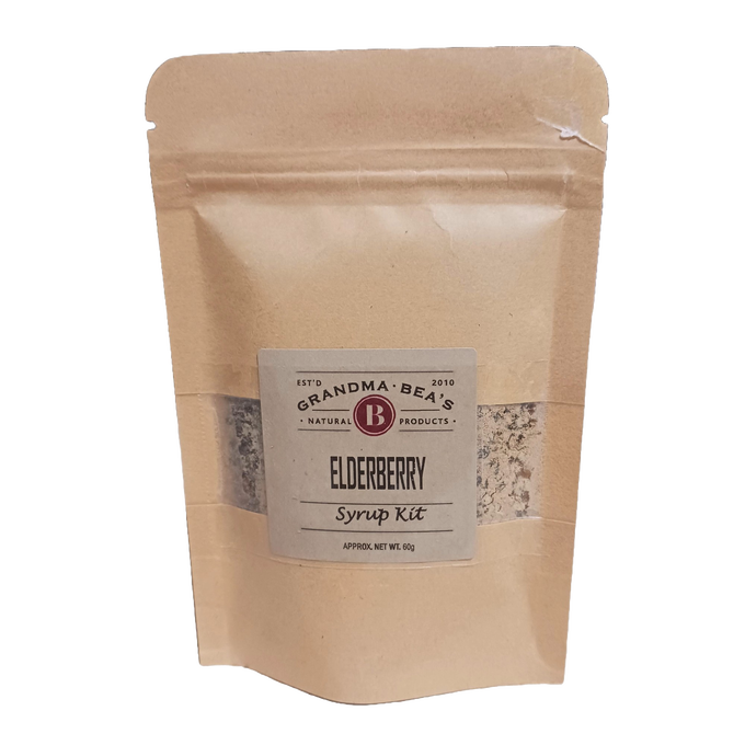 Brown kraft resealable pouch containing natural elderberry syrup mix with ginger, cinnamon, and cloves, crafted in the USA, part of Health & Wellness and Kitchen collections.