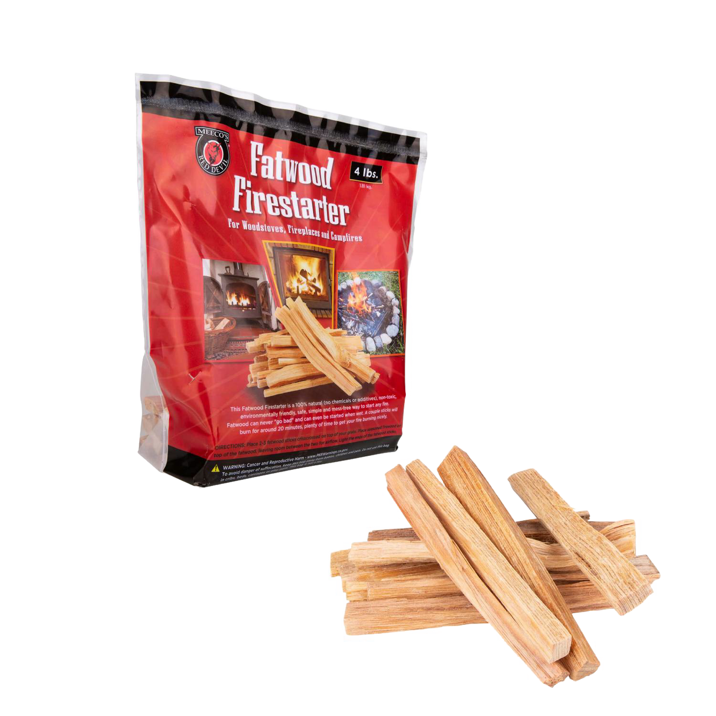 Bundle of natural pine fatwood sticks arranged beside a branded red firestarter package, ideal for camping, stoves, emergency supplies, hearth accessories, and farm and garden tool collections.