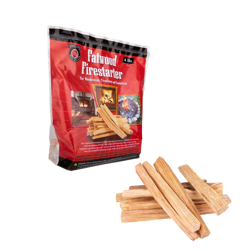 Bundle of natural pine fatwood sticks arranged beside a branded red firestarter package, ideal for camping, stoves, emergency supplies, hearth accessories, and farm and garden tool collections.