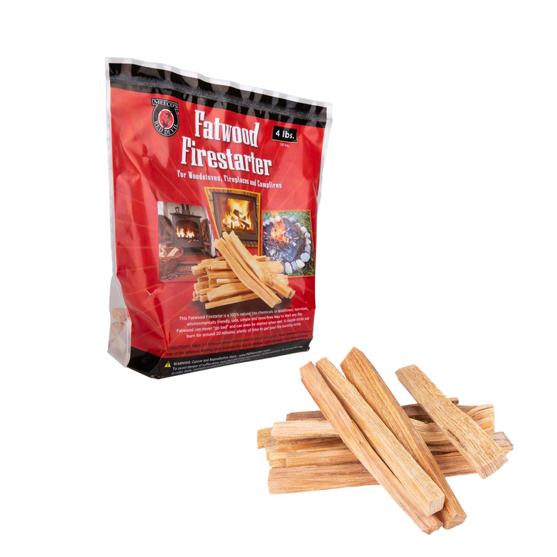 Bundle of natural pine fatwood sticks arranged beside a branded red firestarter package, ideal for camping, stoves, emergency supplies, hearth accessories, and farm and garden tool collections.
