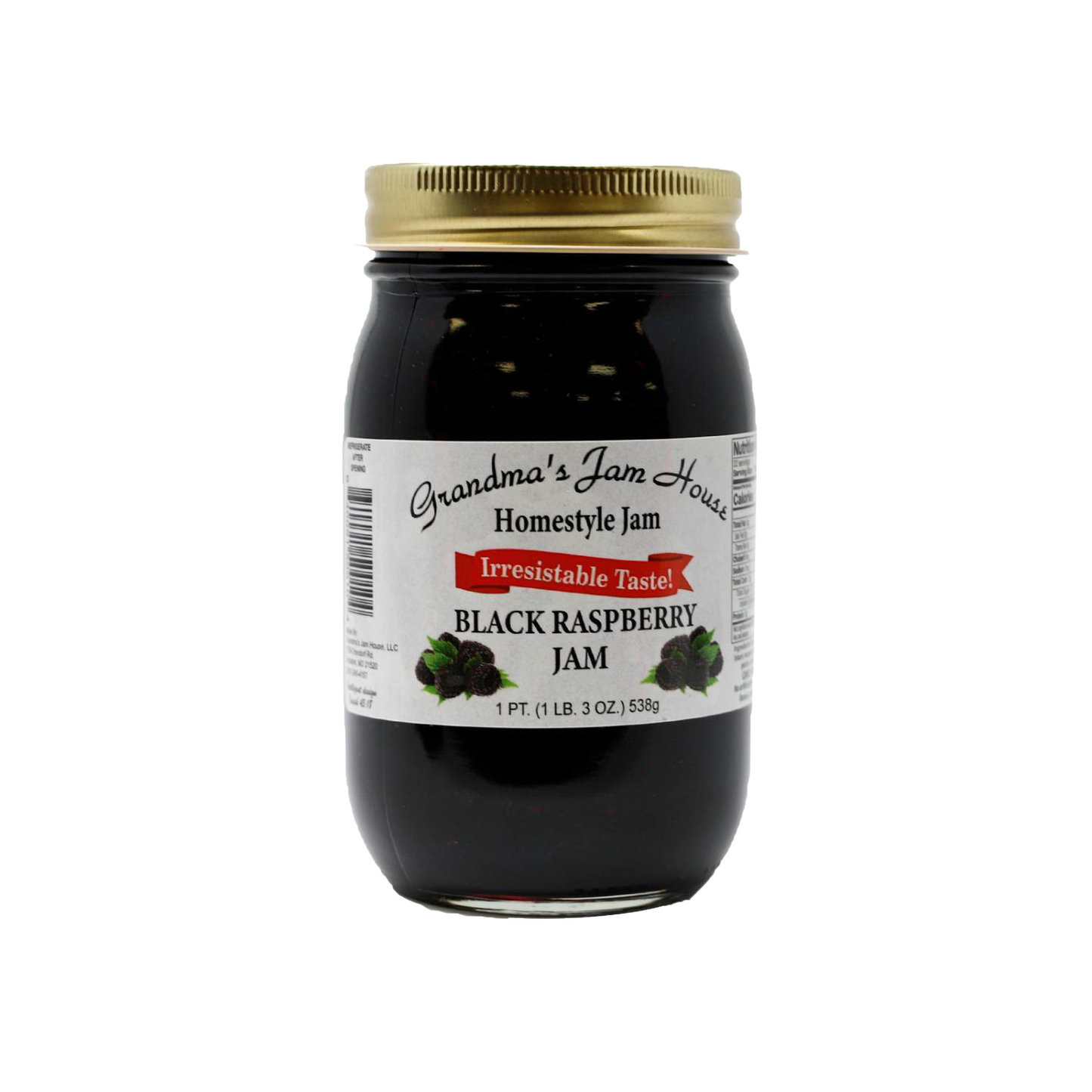 Handcrafted jar of black raspberry homestyle jam with gold lid and white label featuring raspberry illustrations and "Irresistable Taste" banner, made in USA, ideal for Kitchen & Food, Pantry, Peanut Butter & Jellies, USA Made, Best Sellers, and Promo Eligible collections.