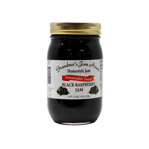 Handcrafted jar of black raspberry homestyle jam with gold lid and white label featuring raspberry illustrations and "Irresistable Taste" banner, made in USA, ideal for Kitchen & Food, Pantry, Peanut Butter & Jellies, USA Made, Best Sellers, and Promo Eligible collections.