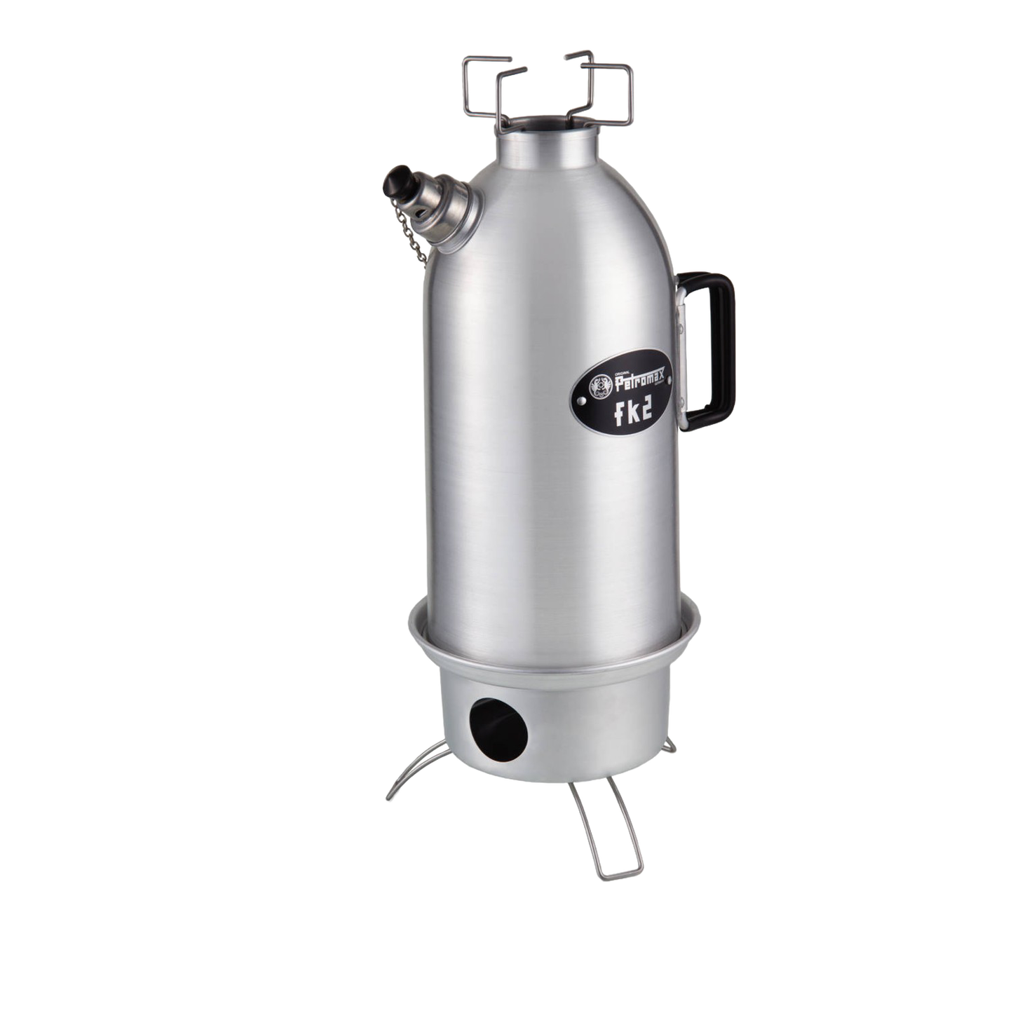 Stainless steel fire kettle with cylindrical body, spout, and handle, featuring sturdy legs and top securing brackets, showcased in Kitchen & Food, Cookware, and Cast Iron collections.