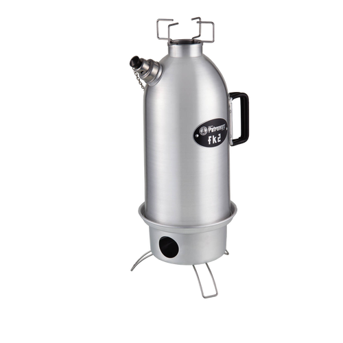 Stainless steel fire kettle with cylindrical body, spout, and handle, featuring sturdy legs and top securing brackets, showcased in Kitchen & Food, Cookware, and Cast Iron collections.
