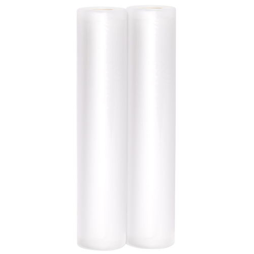 Two white vacuum sealer rolls designed for custom-length bags, ideal for food preservation and storage in kitchen, freezing, and best sellers collections.