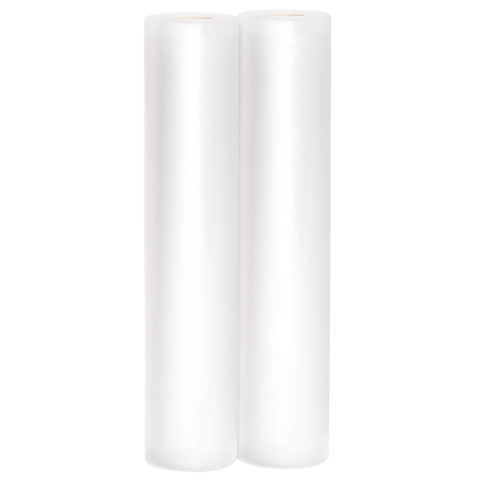 Two white vacuum sealer rolls designed for custom-length bags, ideal for food preservation and storage in kitchen, freezing, and best sellers collections.
