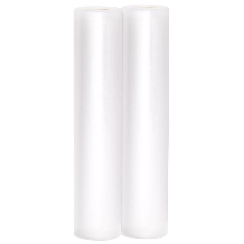 Two white vacuum sealer rolls designed for custom-length bags, ideal for food preservation and storage in kitchen, freezing, and best sellers collections.