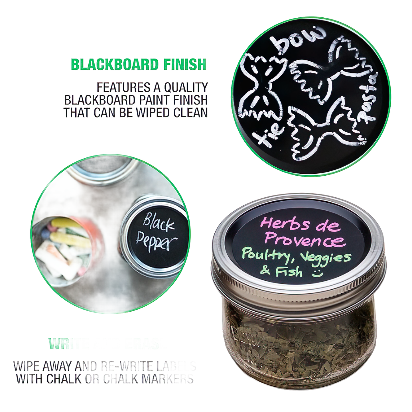 Set of black chalkboard lids for jars, featuring colorful chalk handwriting and drawings; reusable and dishwasher safe, ideal for Home & Decor, Decor, Best Sellers, Promo Eligible collections.
