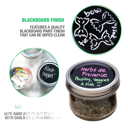 Set of black chalkboard lids for jars, featuring colorful chalk handwriting and drawings; reusable and dishwasher safe, ideal for Home & Decor, Decor, Best Sellers, Promo Eligible collections.