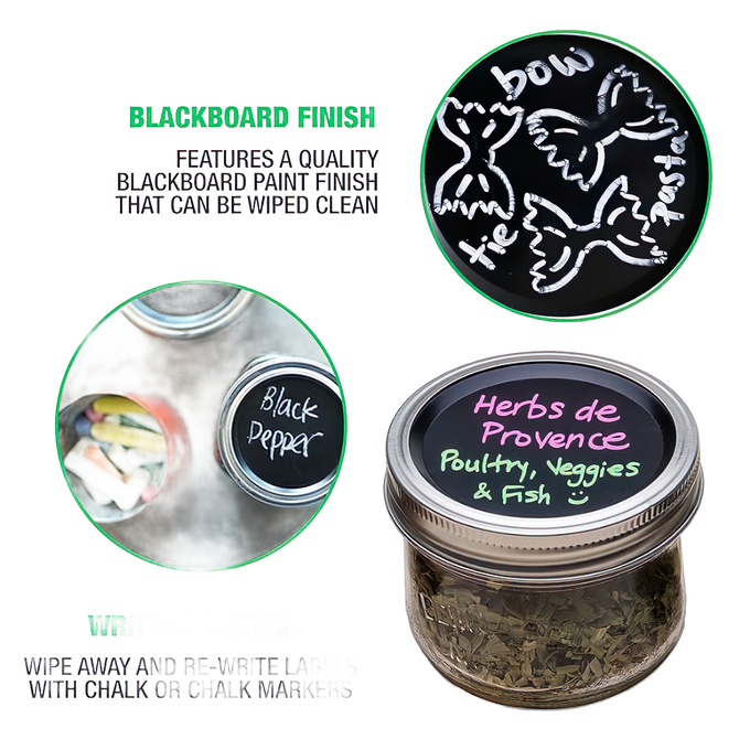 Set of black chalkboard lids for jars, featuring colorful chalk handwriting and drawings; reusable and dishwasher safe, ideal for Home & Decor, Decor, Best Sellers, Promo Eligible collections.
