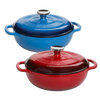 Set of two handcrafted enameled cast iron Dutch ovens in vibrant blue and red with sturdy handles and polished metal knobs, ideal for Kitchen & Food, Cookware, Cast Iron, and Best Sellers collections.